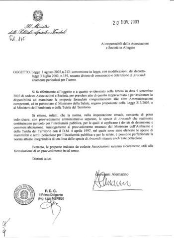 Lettera di risposta Ministro Alemanno legge 213/2003